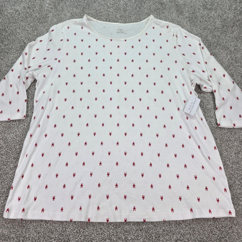 Cj Banks Womens 2X White Red Lobster Print 3/4 Sleeve Cotton T-Shirt NWT